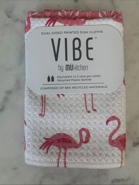 Vibe Dual-Sided Printed Dish Cloths - White with Pink Flamingo Print